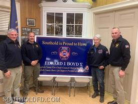 Left to right: 1st Asst. Chief Pindar Damianos, 2nd Asst Chief John Rumpler IV, honoree ex-Chief Edward J. Boyd V and Chief Engineer David Surozenski.